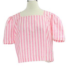 Bershka Crop Top Women Striped Square Neck Shirt Puff Sleeve Medium pink